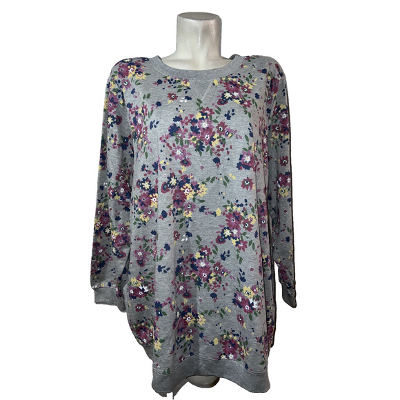 Woman Within Top Size 1X 22/24 Gray Floral Print Preppy Pullover Sweatshirt - Picture 1 of 10